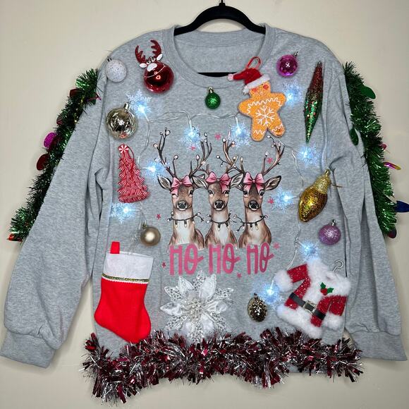 Ugly Christmas Sweater Reindeer LIGHTS UP Tinsel Xmas Party Winner Size Medium - Picture 1 of 5